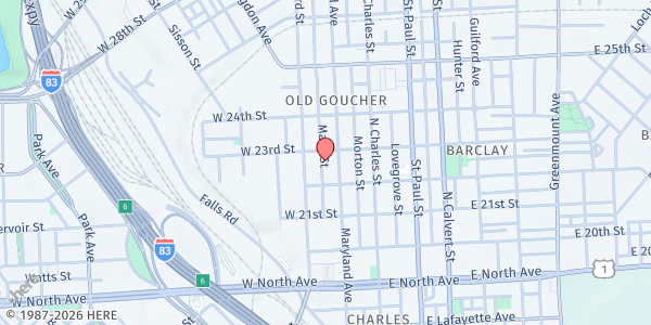 Map showing Franciscan Center – Food Pantry & Soup Kitchen at 101 West 23rd Street, Old Goucher, MD