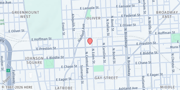 Map showing Knox Presbyterian Church at 1300 North Eden Street, Oliver, MD