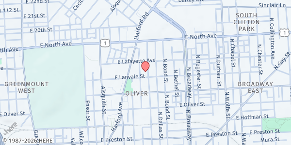 Map showing Zion Baptist Church at 1700 North Caroline Street, Oliver, MD