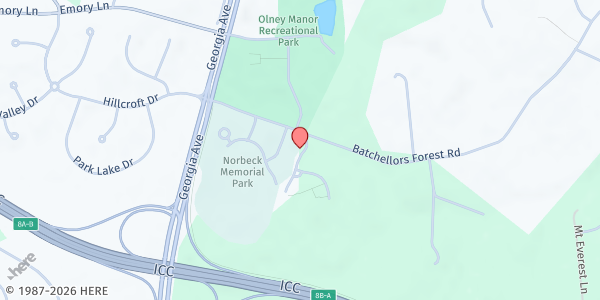 Map showing Harvest Intercontinental Church-Olney at 16227 Batchellors Forest Rd., Olney, MD