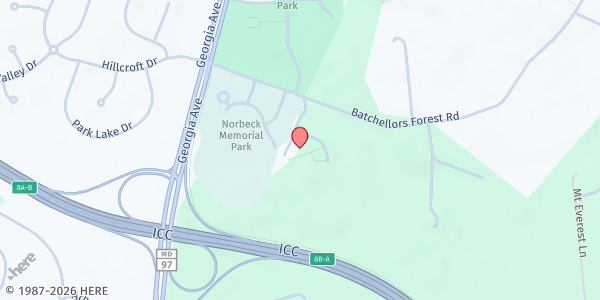 Map showing Mid-County Hub at Harvest Intercontinental Church Olney at 16227 Batchellors Forest Rd, Olney, MD