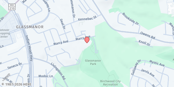 Map showing Glassmanor Community Center at 1101 Marcy Avenue, Oxon Hill, MD
