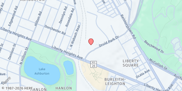 Map showing Higher Dimensions Christian Center at 2900 Liberty Heights Avenue, Park Circle, MD