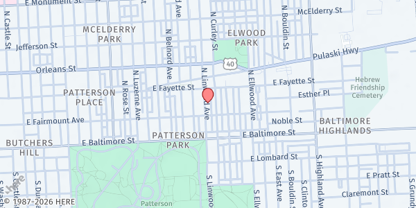 Map showing Linwood Community Fridge at 123 North Linwood Avenue, Patterson Park Neighborhood, MD