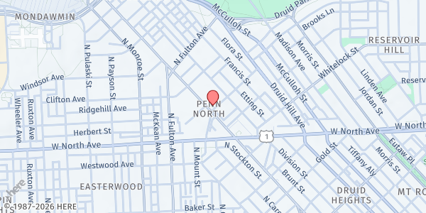 Map showing Harvest Christian Worship Center at 2601 Pennsylvania Avenue, Penn North, MD