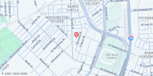 Map showing Transfiguration Catholic Communities Food Pantry at 765 West Hamburg Street, Pigtown, MD