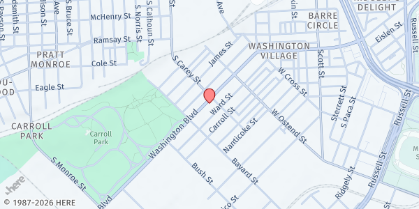 Map showing Wayman Memorial AME Church at 1305 Washington Boulevard, Pigtown, MD