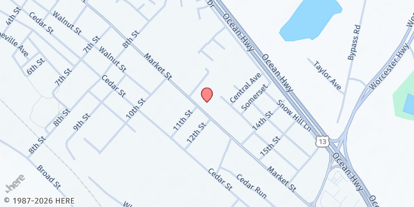 Map showing Helping Hand Outreach Mission at 1101 Market Street, Pocomoke City, MD