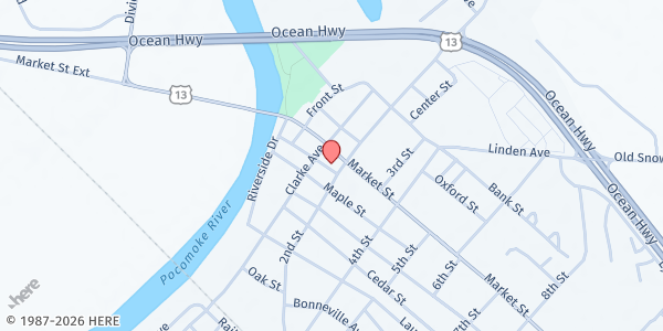 Map showing Pocomoke Area Community Service Center Emergency Food Pantry at 121 Willow Street, Pocomoke City, MD