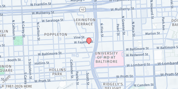 Map showing Carter Memorial Church at 745 West Fayette Street, Poppleton, MD