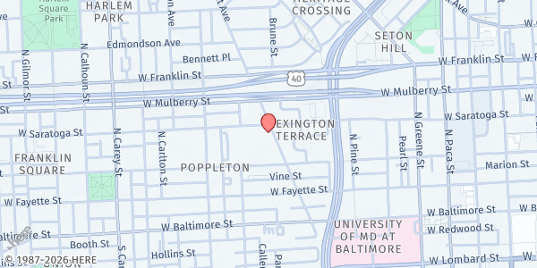 Map showing First Mt. Olive Baptist Church at 809 West Saratoga Street, Poppleton, MD