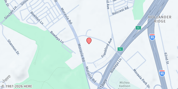 Map showing Greater Grace World Outreach - Main Location at 6025 Moravia Park Drive, Pulaski Industrial Area, MD