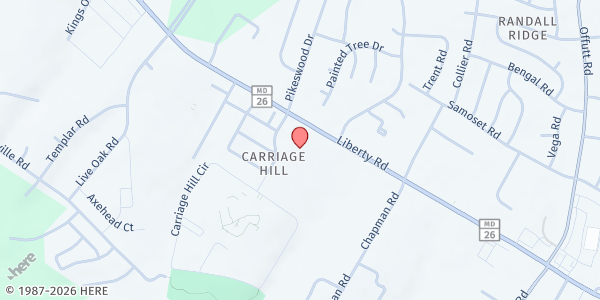 Map showing Colonial Baptist Church at 9411 Liberty Road, Randallstown, MD