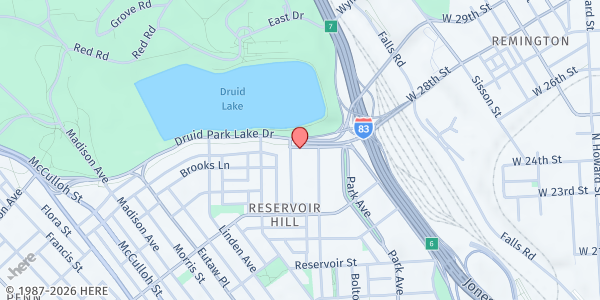 Map showing Lakeview Towers Apartments at 727 Druid Park Lake Drive, Reservoir Hill, MD