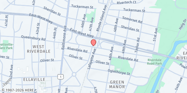 Map showing Riverdale Park Farmers Market at 4650 Queensbury Road, Riverdale Park, MD