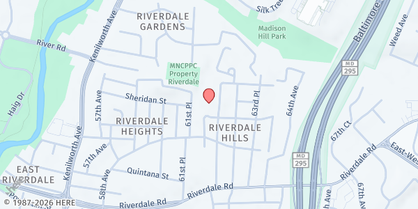 Map showing Latin American Youth Center at 6200 Sheridan Street, Riverdale, MD