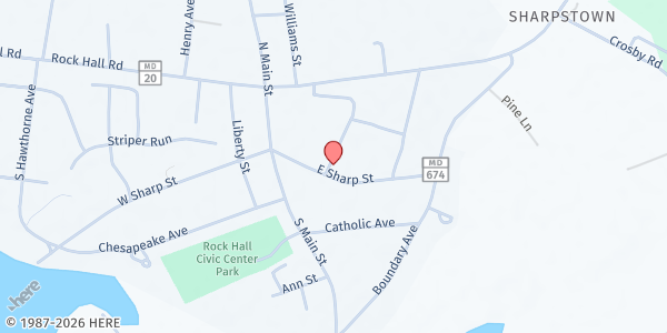 Map showing Rock Hall Seventh-day Adventist Church at 21366 West Sharp Street, Rock Hall, MD