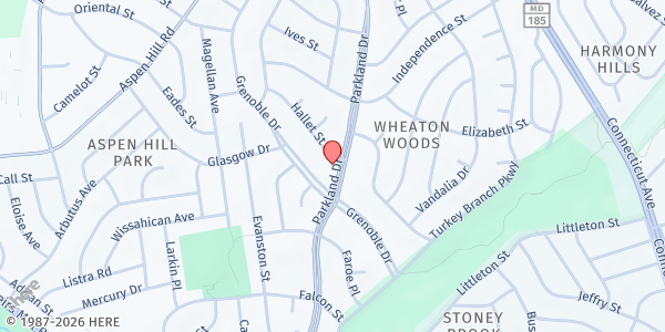 Map showing Millian Methodist Church at 13016 Parkland Dr., Rockville, MD