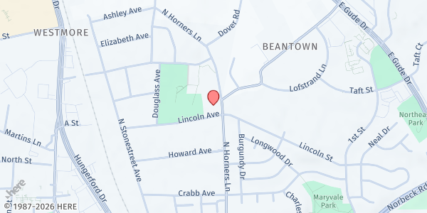 Map showing Mt. Calvary Baptist Church at 608 North Horners Lane, Rockville, MD