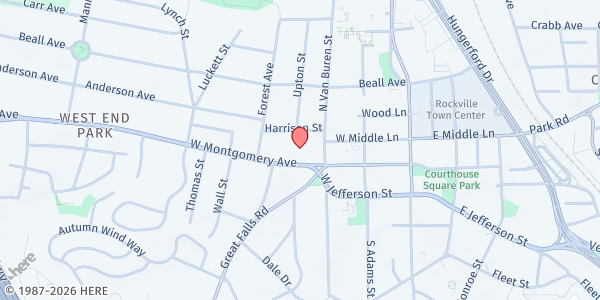 Map showing Rainbow Place - Rockville Presbyterian Church at 215 W. Montgomery Avenue, Rockville, MD