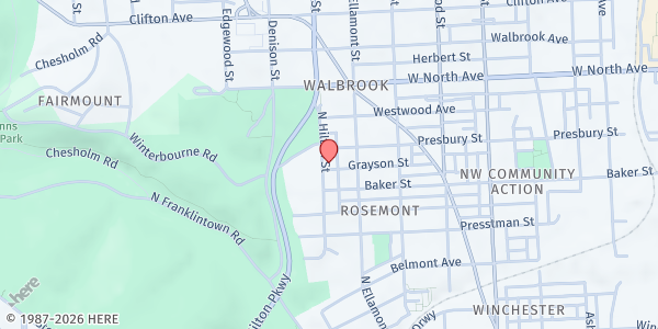 Map showing Jesus Saves Ministries at 1625 North Hilton Street, Rosemont, MD
