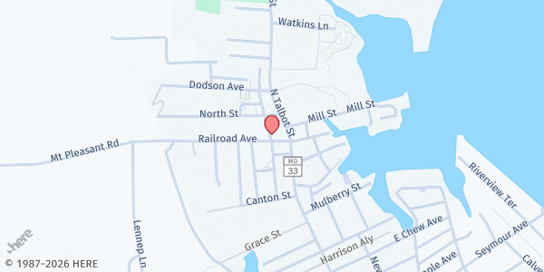 Map showing St. Michaels Community Center Food Pantry at 103 Railroad Avenue, Saint Michaels, MD