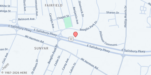 Map showing Emmanuel Wesleyan Church at 142 Shamrock Dr., Salisbury, MD