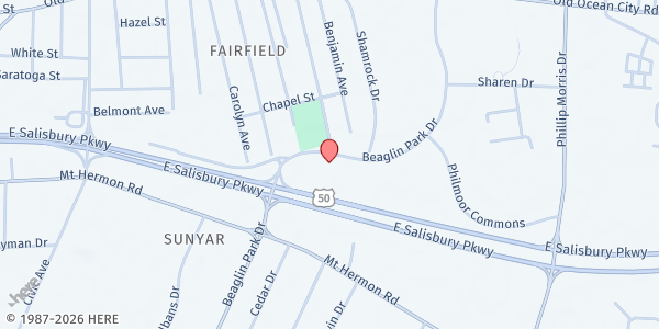 Map showing EWC Adopt-A-Block Outreach Inc. at 217 Beaglin Park Drive, Salisbury, MD