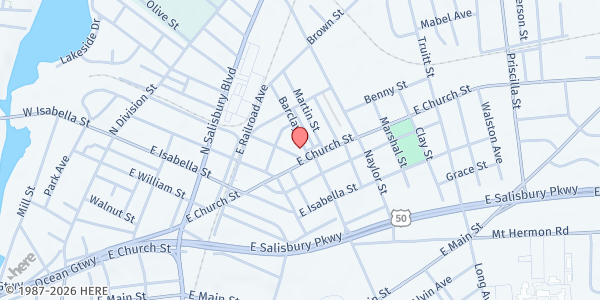 Map showing Grace United Methodist Church at 635 E Church St, Salisbury, MD