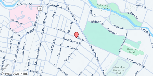 Map showing The Redeemed of the Lord Outreach Ministries at 427 E. Vine St., Salisbury, MD