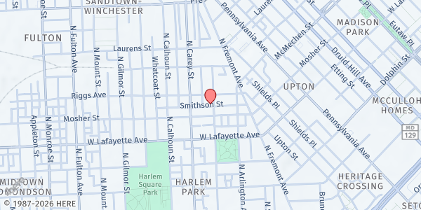 Map showing God's Time Ministry at 1014 North Carrollton Avenue, Sandtown-Winchester, MD