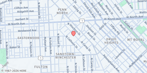 Map showing Healthy Start - Sandtown-Winchester at 1622 North Carey Street, Sandtown-Winchester, MD