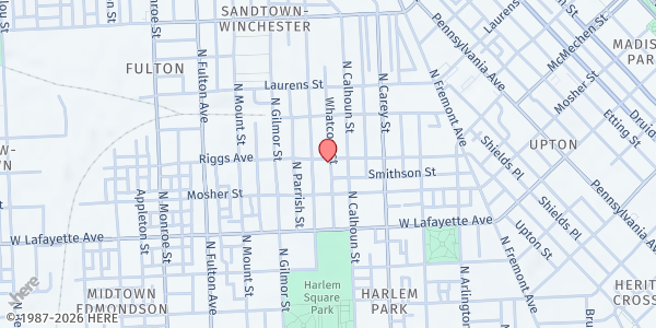 Map showing Hope Chapel Freewill Baptist Church at 1425 Riggs Avenue, Sandtown-Winchester, MD