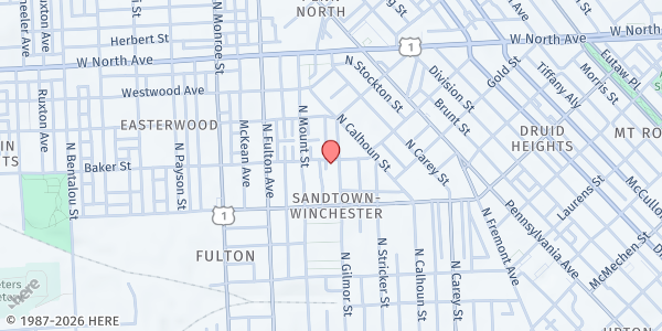 Map showing Sandtown Winchester Senior Center at 1601 Baker Street, Sandtown-Winchester, MD