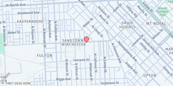 Map showing Sharon Baptist at 1373 North Stricker Street, Sandtown-Winchester, MD
