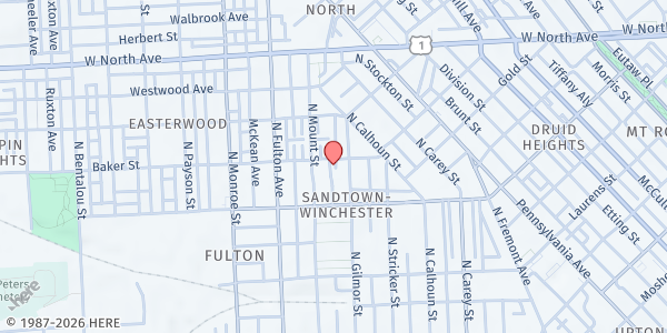 Map showing South Baltimore Homeless Shelter at 1611 Baker Street, Sandtown-Winchester, MD