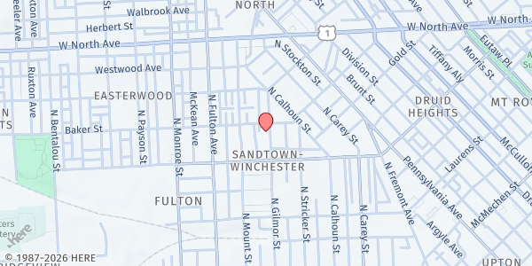 Map showing St. Gregory the Great at 1542 North Gilmor Street, Sandtown-Winchester, MD