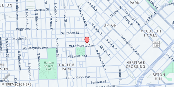 Map showing St. James Episcopal Church Outreach at 1020 West Lafayette Avenue, Sandtown-Winchester, MD