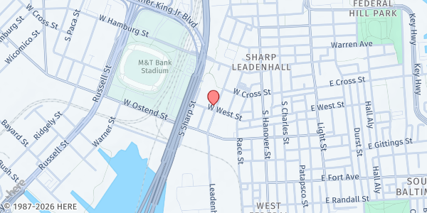Map showing South Baltimore Homeless Shelter at 140 West West Street, Sharp Leadenhall, MD