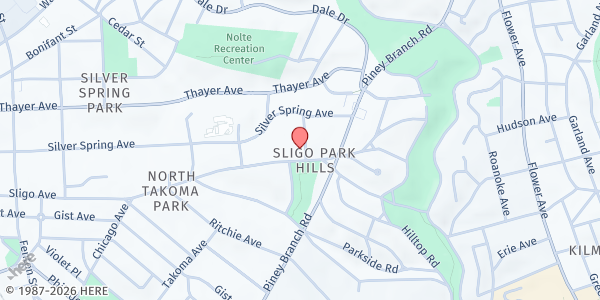 Map showing Adventist Community Services of Greater Washington at 501 Sligo Avenue, Silver Spring, MD