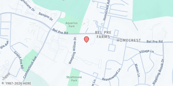 Map showing AfriThrive Montgomery County Food Pantry at 3132 Bel Pre Road, Silver Spring, MD
