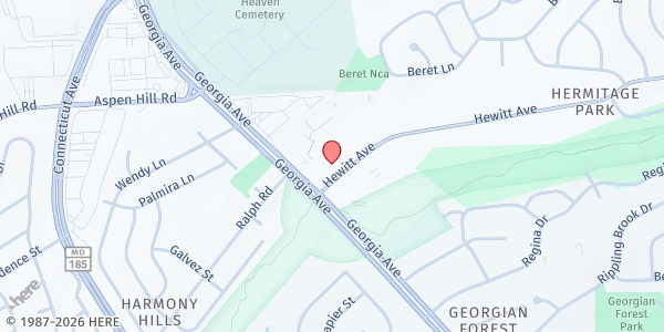 Map showing Aspen Hill Christian Church at 13501 Georgia Avenue, Silver Spring, MD