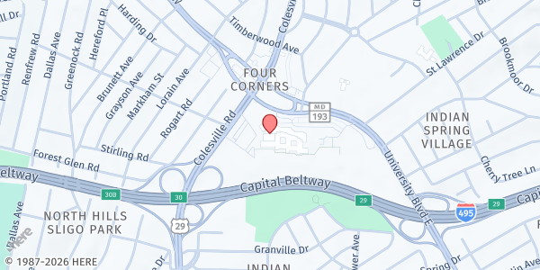 Map showing Blair High School (BHS) Manna Food at 51 University Boulevard East, Silver Spring, MD