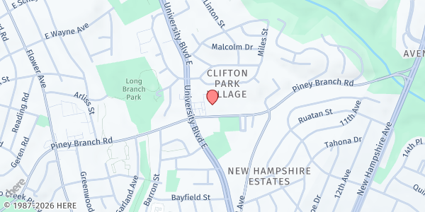 Map showing Clifton Park Baptist Church at 8818 Piney Branch Road, Silver Spring, MD