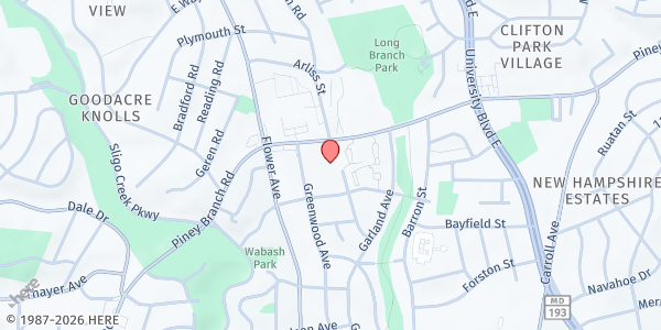 Map showing Community Health and Empowerment through Education and Research at 8545 Piney Branch Road, Silver Spring, MD