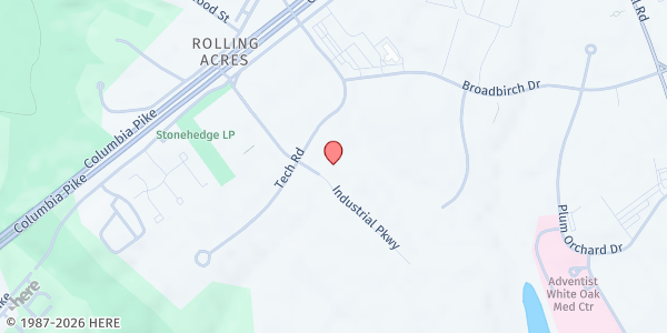 Map showing East County Hub at Kingdom Fellowship AME Church at 12101 Tech Road, Silver Spring, MD