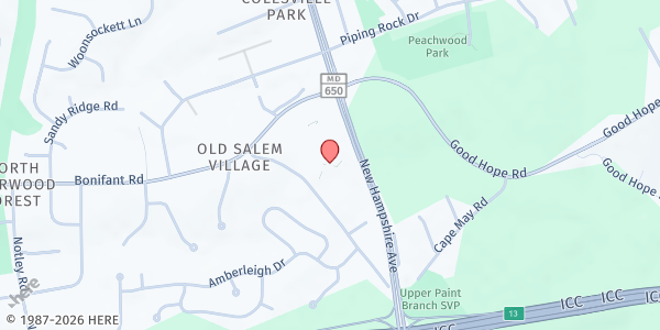 Map showing First Alliance Church at 14500 New Hampshire Ave, Silver Spring, MD