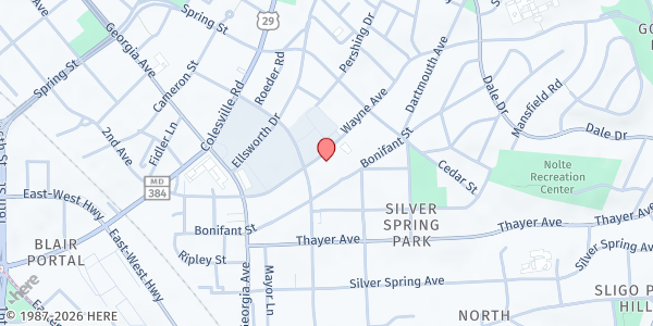 Map showing First Baptist Church of Silver Spring Food Closet at 828 Wayne Ave, Silver Spring, MD