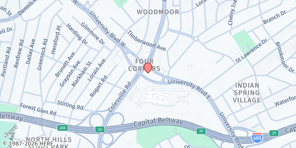 Map showing Four Corners Ethiopian Evangelical Church at 33 University Boulevard East, Silver Spring, MD