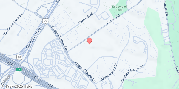 Map showing Greencastle Elementary at 13611 Robey Road, Silver Spring, MD